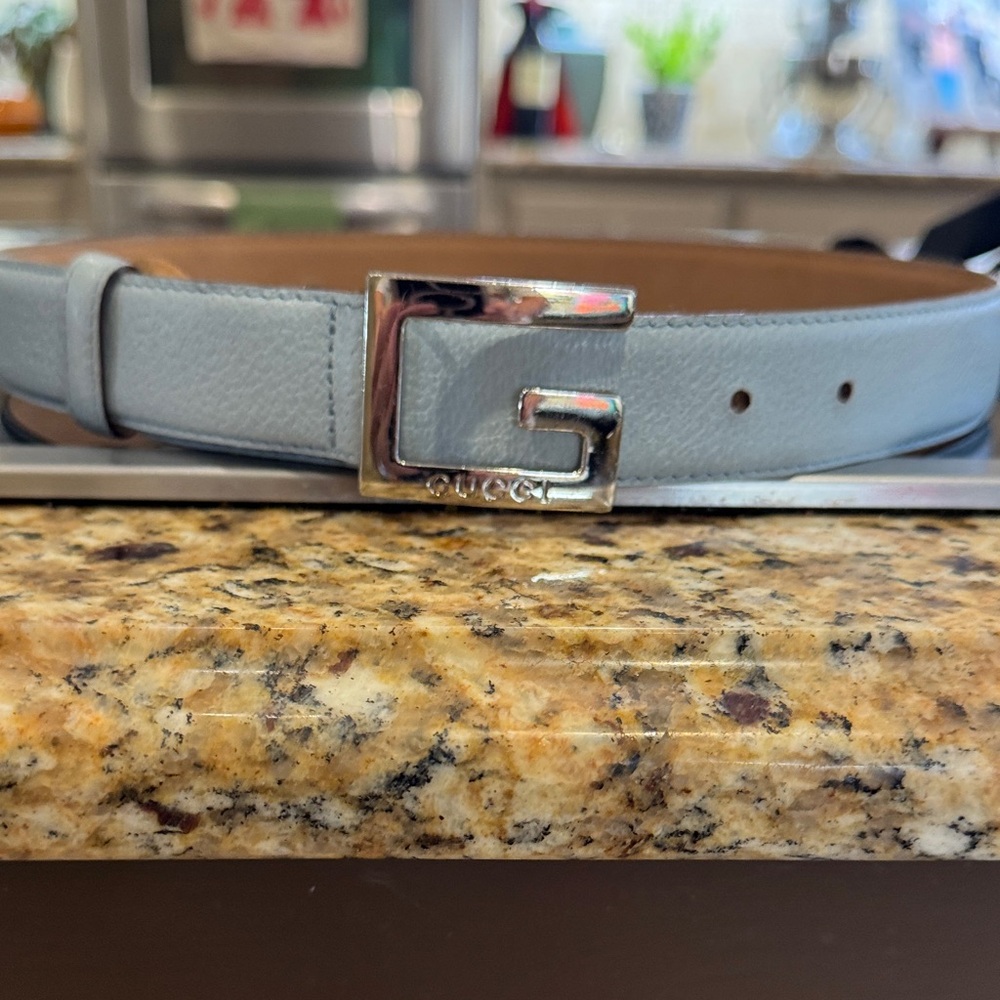 Gucci Sky Blue Leather Belt with Silver Buckle 27 inches